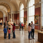 Familles et visiteurs admirant des sculptures et des œuvres d'art dans une galerie de musée lumineuse et spacieuse.
