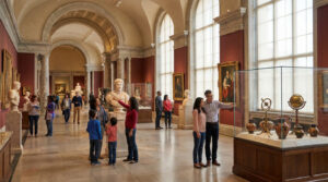 Familles et visiteurs admirant des sculptures et des œuvres d'art dans une galerie de musée lumineuse et spacieuse.