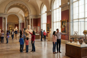 Familles et visiteurs admirant des sculptures et des œuvres d'art dans une galerie de musée lumineuse et spacieuse.