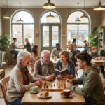 Des personnes de tous âges partagent des moments conviviaux, jouent aux échecs et discutent dans un café chaleureux.
