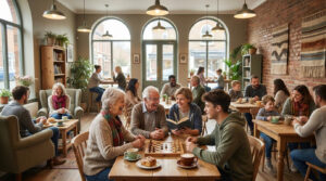 Des personnes de tous âges partagent des moments conviviaux, jouent aux échecs et discutent dans un café chaleureux.