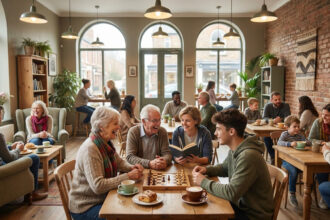 Des personnes de tous âges partagent des moments conviviaux, jouent aux échecs et discutent dans un café chaleureux.