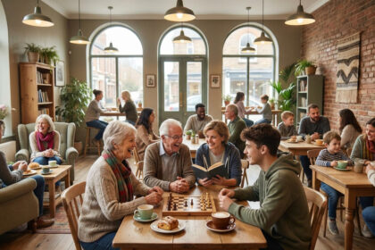 Des personnes de tous âges partagent des moments conviviaux, jouent aux échecs et discutent dans un café chaleureux.
