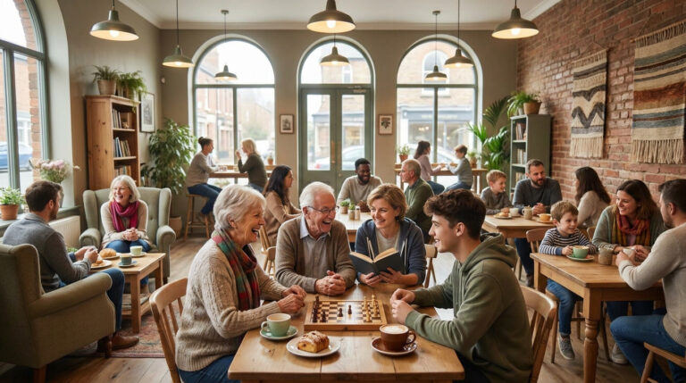 Des personnes de tous âges partagent des moments conviviaux, jouent aux échecs et discutent dans un café chaleureux.