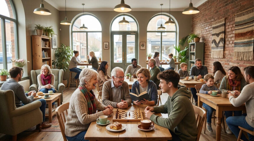Des personnes de tous âges partagent des moments conviviaux, jouent aux échecs et discutent dans un café chaleureux.