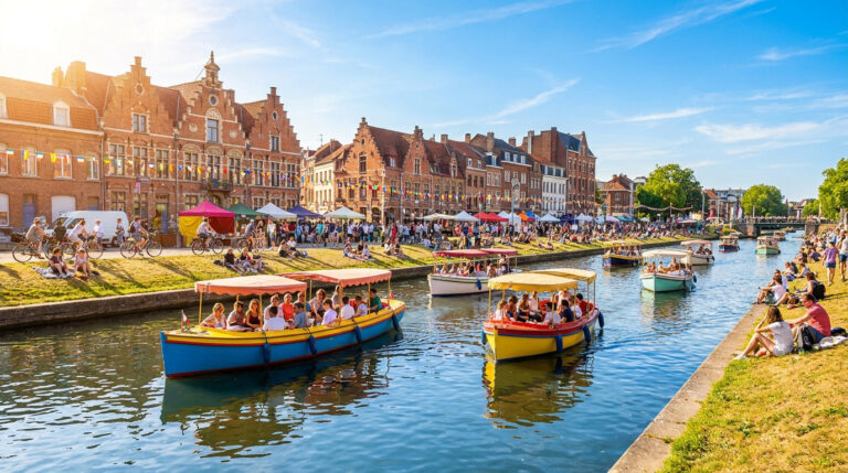 Vue ensoleillée du canal de Lille avec des bateaux colorés, des cyclistes et des gens se relaxant sur les berges.