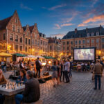 Une place pavée de Lille au crépuscule avec un écran de cinéma en plein air, des terrasses et des gens qui dansent.