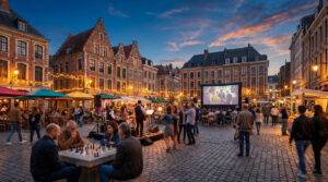 Une place pavée de Lille au crépuscule avec un écran de cinéma en plein air, des terrasses et des gens qui dansent.