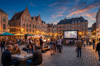 Une place pavée de Lille au crépuscule avec un écran de cinéma en plein air, des terrasses et des gens qui dansent.