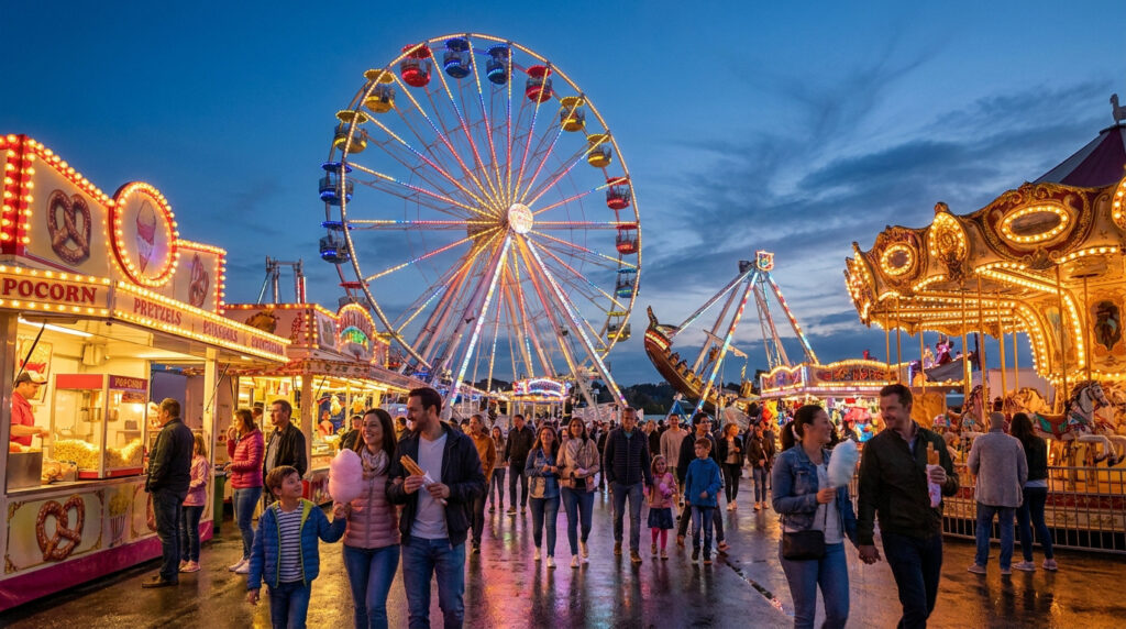 Une foule déambulant dans une fête foraine illuminée à la tombée de la nuit avec une grande roue et un carrousel.