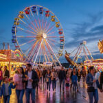 Une foule déambulant dans une fête foraine illuminée à la tombée de la nuit avec une grande roue et un carrousel.