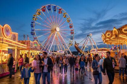 Une foule déambulant dans une fête foraine illuminée à la tombée de la nuit avec une grande roue et un carrousel.