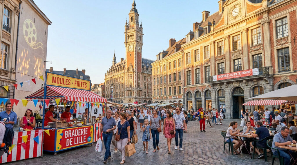Foule animée à Lille lors de la célèbre Braderie, avec des stands de moules-frites et l'architecture historique en fond.
