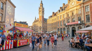 Foule animée à Lille lors de la célèbre Braderie, avec des stands de moules-frites et l'architecture historique en fond.