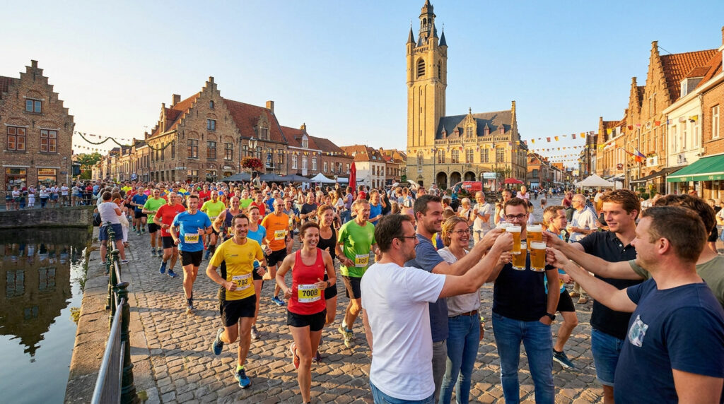 Des coureurs et des spectateurs trinquent avec des bières lors du Marathon de la bière des Flandres.