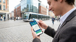 Un jeune homme tient un smartphone affichant l'application Ilevia devant un tramway à Lille.