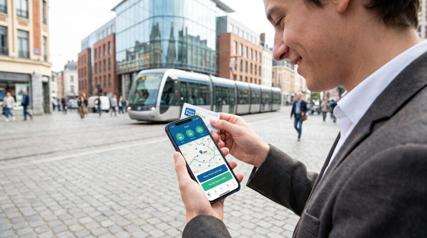 Un jeune homme tient un smartphone affichant l'application Ilevia devant un tramway à Lille.