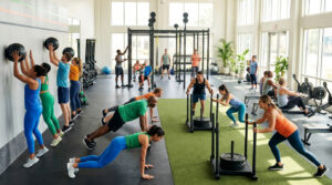 Groupe diversifié de personnes s'entraînant intensément dans une salle de sport lumineuse et moderne.