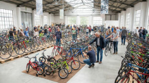 Grand entrepôt rempli de vélos d'occasion avec des clients choisissant parmi des centaines de modèles révisés.