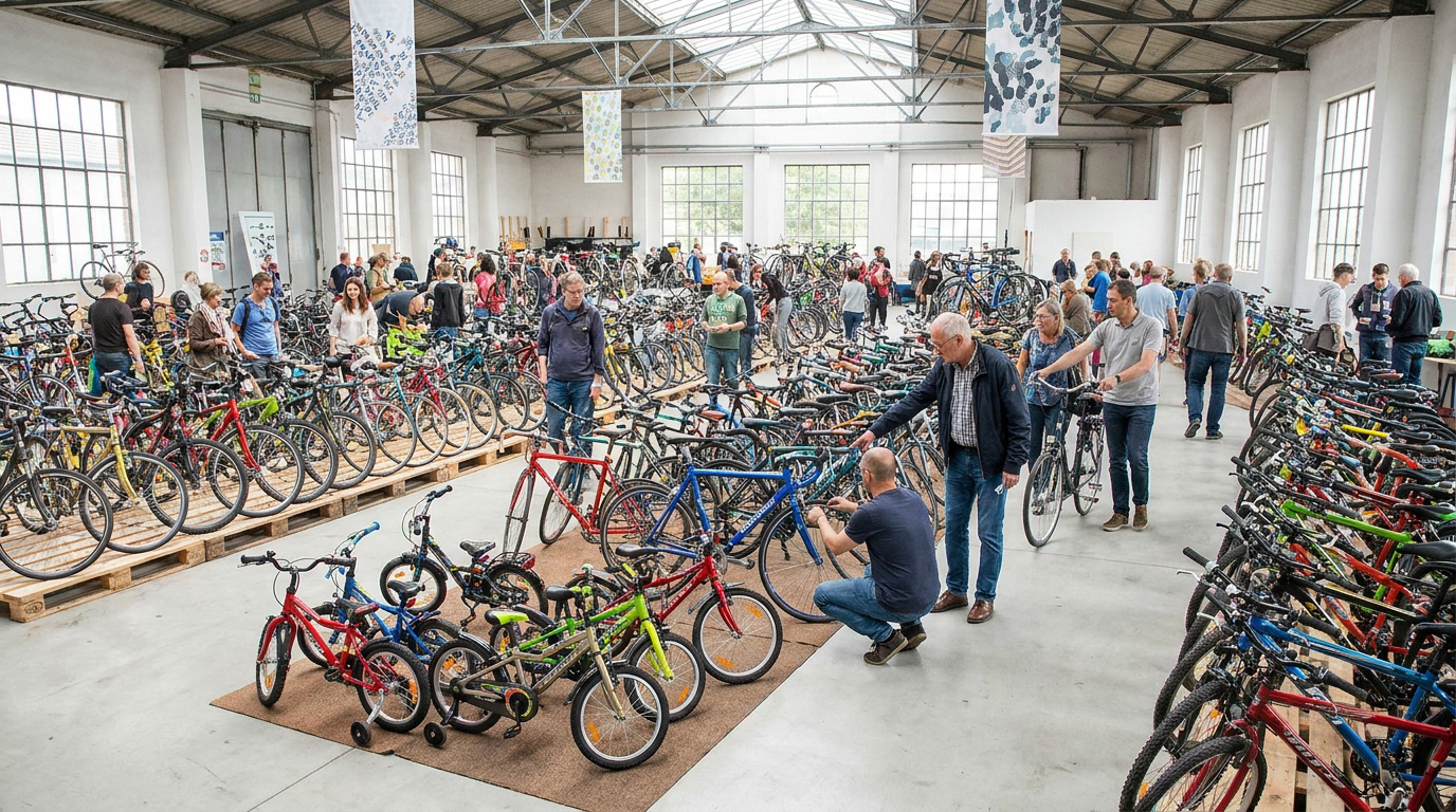 Grand entrepôt rempli de vélos d'occasion avec des clients choisissant parmi des centaines de modèles révisés.