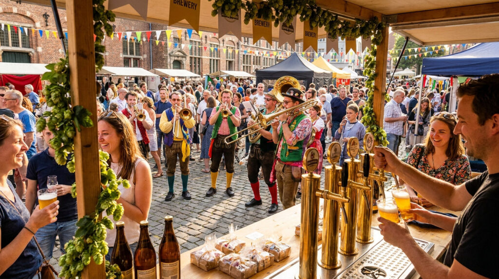 Un barman sert de la bière à la Braderie de Lille avec des musiciens en costumes traditionnels en arrière-plan.