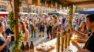 Un barman sert de la bière à la Braderie de Lille avec des musiciens en costumes traditionnels en arrière-plan.